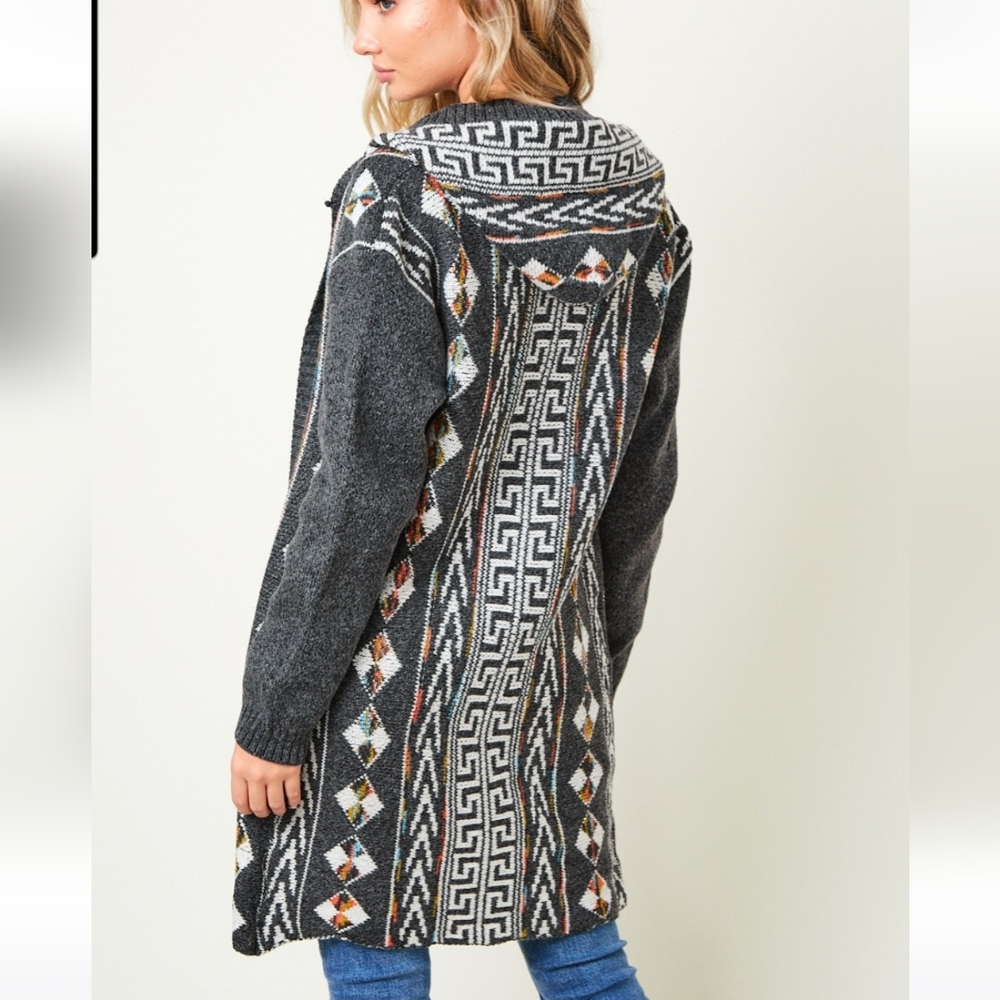 New! Cozy Charcoal Gray Aztec Boho Knit Cardigan Sweater - Picture 2 of 10